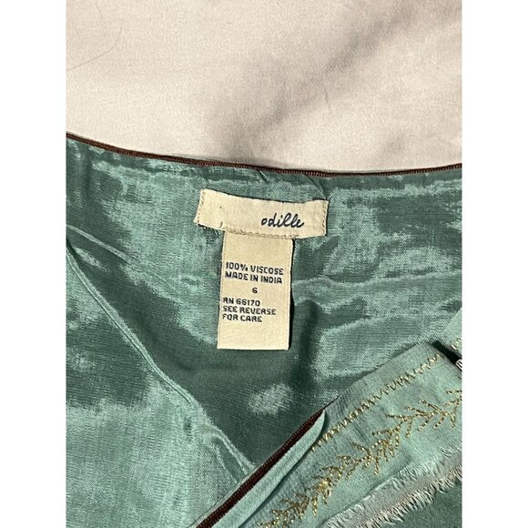 Odille Green & Cream Lace Ribbon Stripe Ruffle Skirt Anthropologie Gold Viscose - Picture 10 of 15